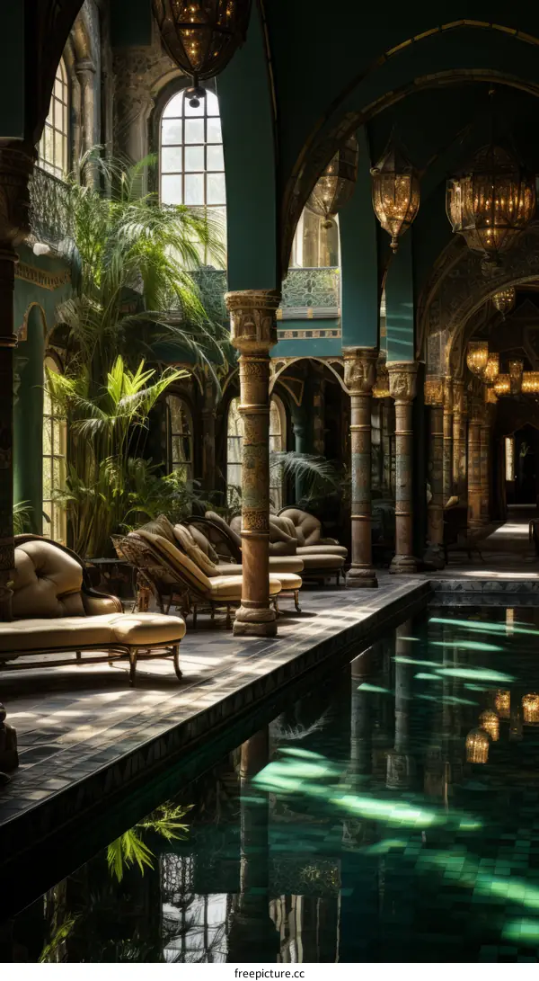 Indoor Green Emerald Swimming Pool with Lush Palm Trees