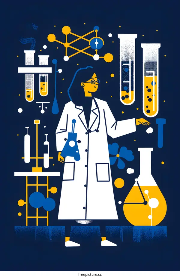 Science Experiment Illustration of a Woman in a Lab Coat Conducting Research with Test Tubes and Flasks