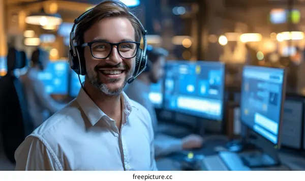 Smiling it support specialist wearing headset in front of computer monitors