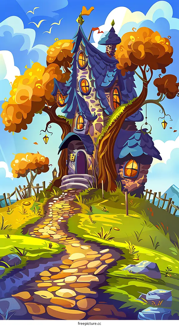 Cartoon Illustration of a Magical Tree House in the Forest