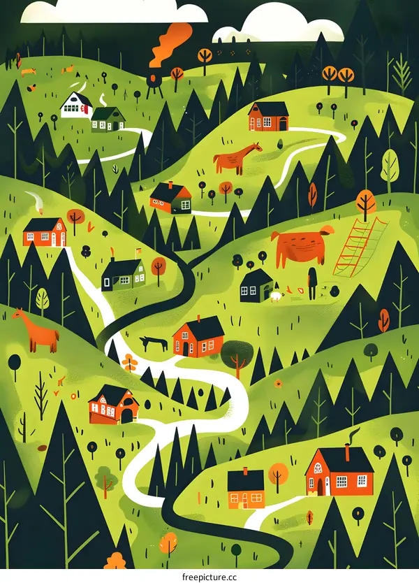 Illustrated Countryside Landscape With Winding Road