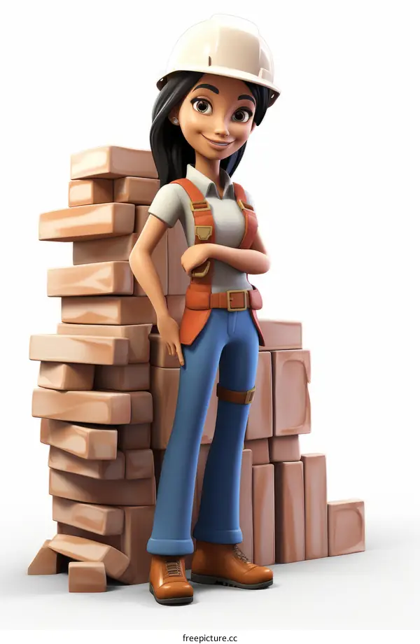 Confident female construction worker standing with arms crossed next to a stack of bricks