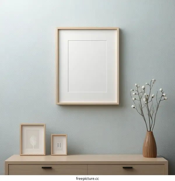 Empty Picture Frame Display on Light Blue Wall