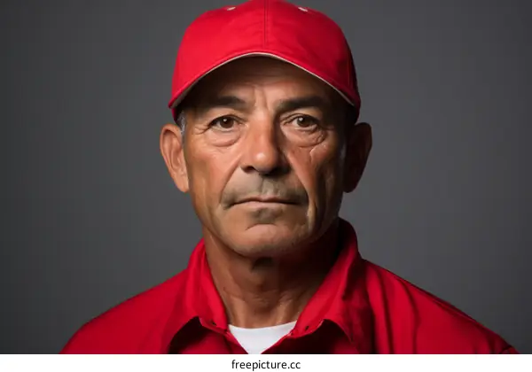 Headshot of a man in a red hat and red shirt