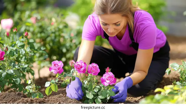 Woman Planting Roses in Garden