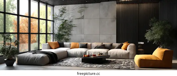 Modern Living Room with Large Windows and Sectional Sofa