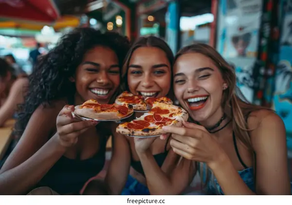 Three young women of different ethnicities are eating pizza together and smiling happily