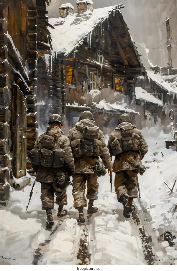 Three soldiers walking through a snowy village during World War II