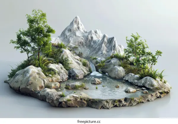 Mystical Miniature World with Verdant Waterfall and Lush Greenery