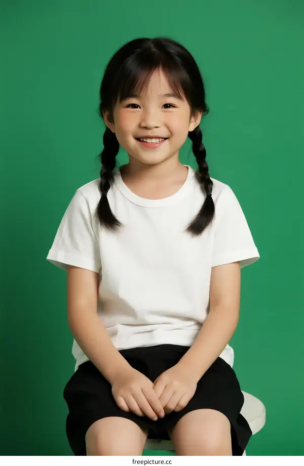 A Young Girl with Braided Hair Wearing White T-shirt and Black Shorts