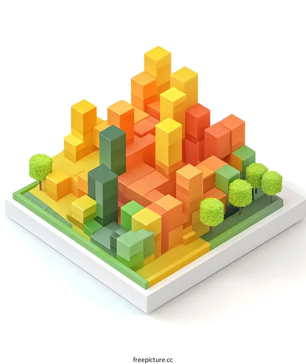 Abstract Cityscape Illustration with Green Trees and Colorful Cubes
