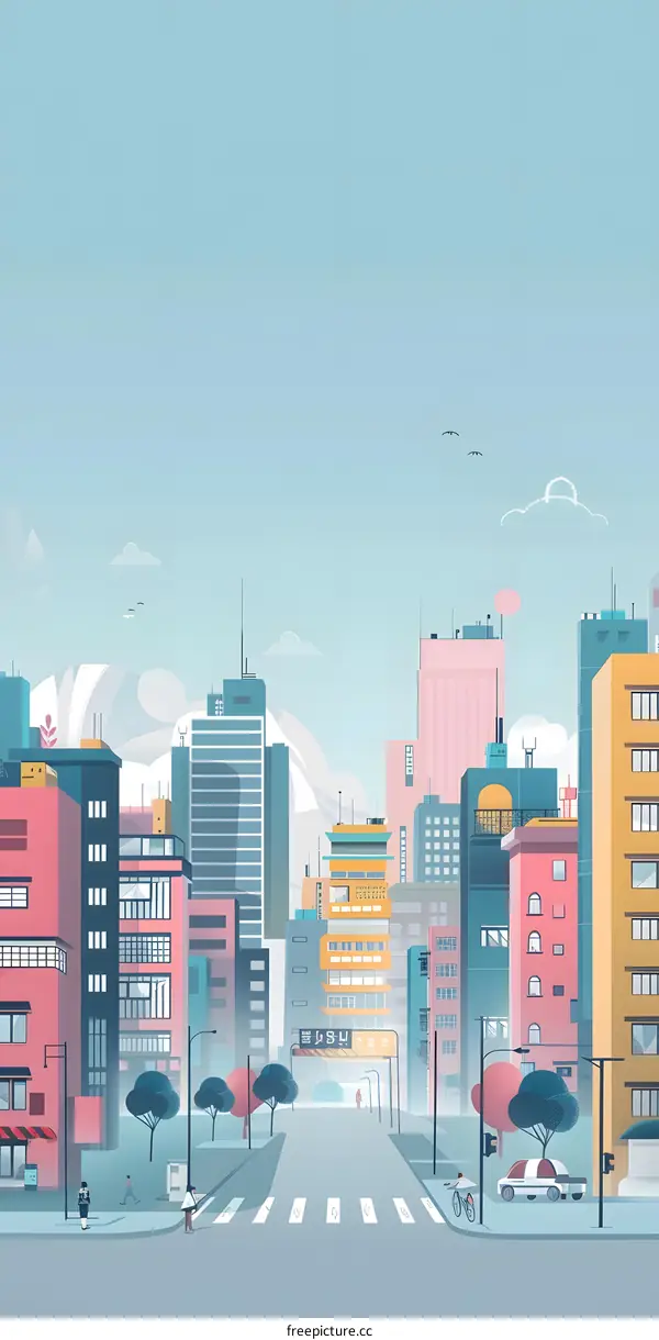 Colorful Cityscape with People Walking and Riding a Bicycle