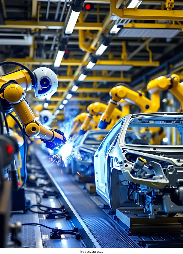 Modern Factory Robots Welding Car Body on Production Line