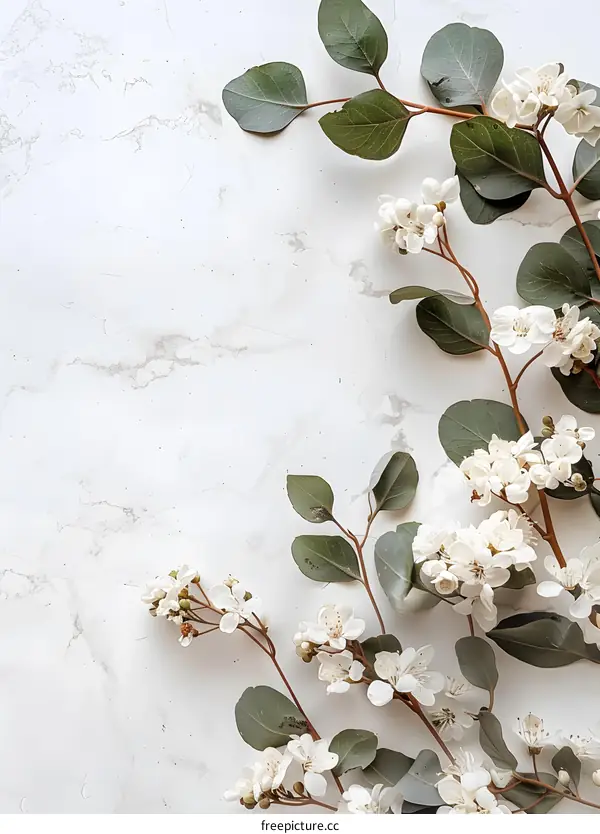 White Flowers and Green Leaves on Marble Background