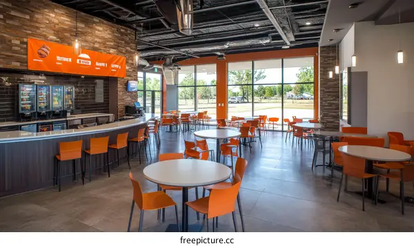 Modern Cafeteria Dining Area with Orange Chairs