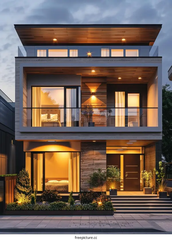 Modern Townhouse Exterior at Dusk