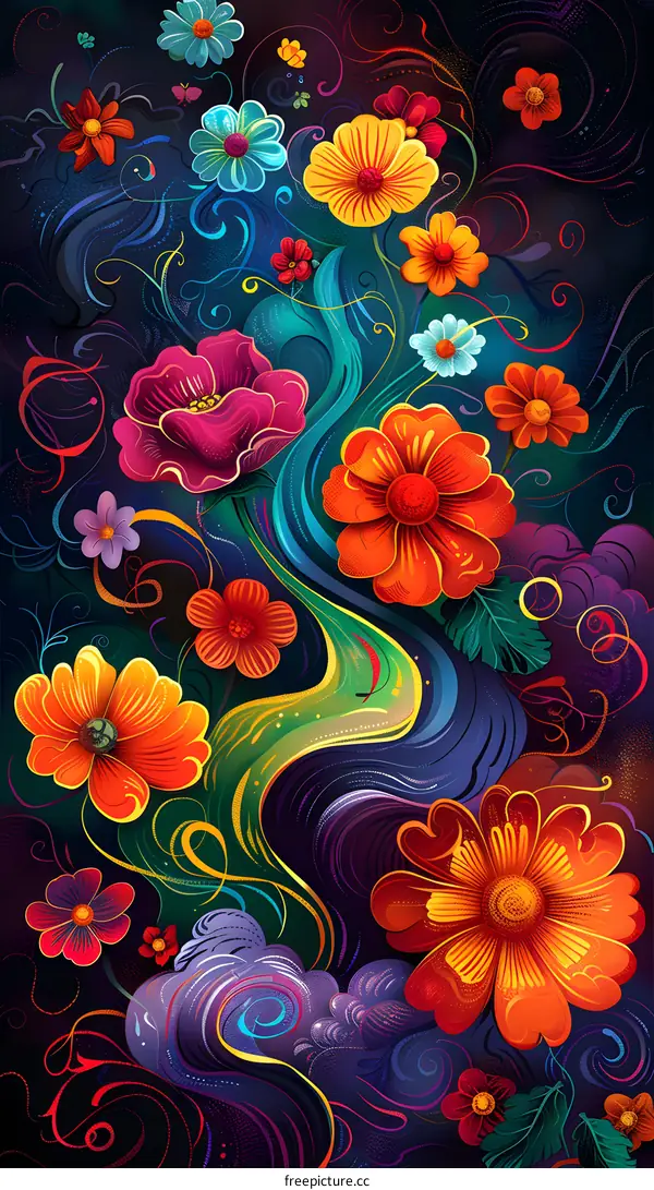 Colorful flowers blooming in the night sky