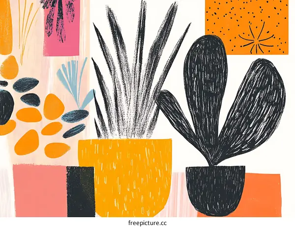Abstract Art Print With Plants in Pots
