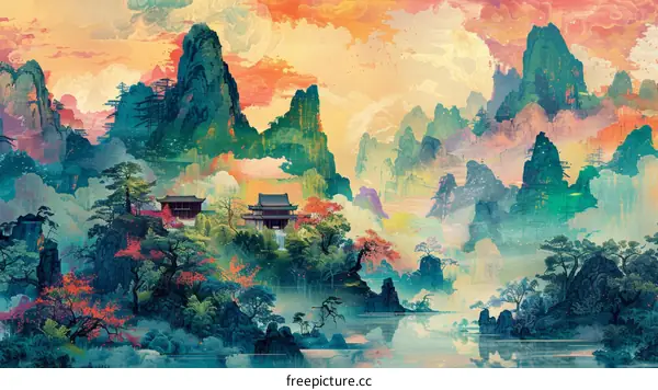 Watercolor Painting of Chinese Landscape with Mountains and Temples