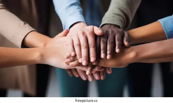 Multiracial business team joining hands together over blurred background, closeup