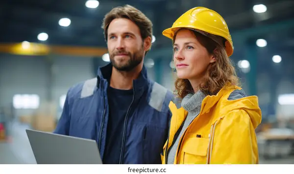 Two Workers Discussing Project in a Warehouse