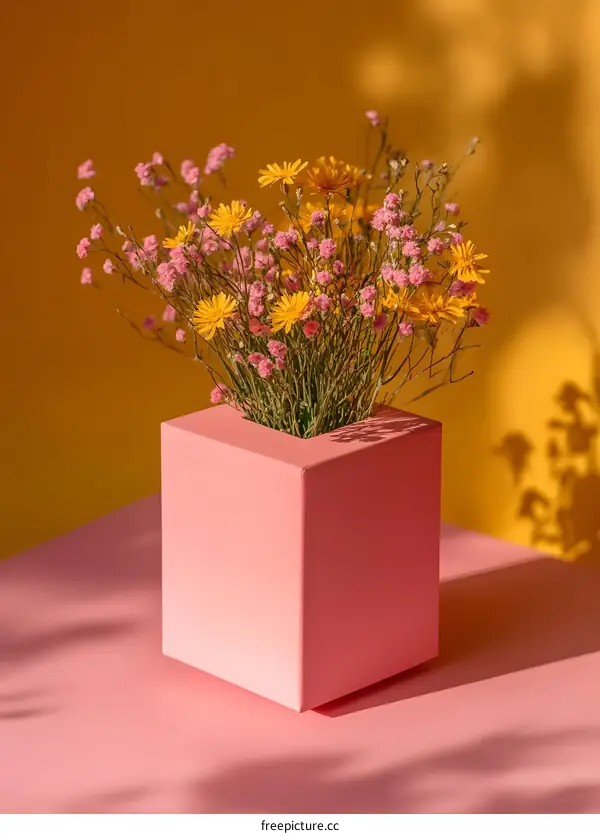 Pink Cube Vase with Yellow and Pink Flowers on a Yellow and Pink Background