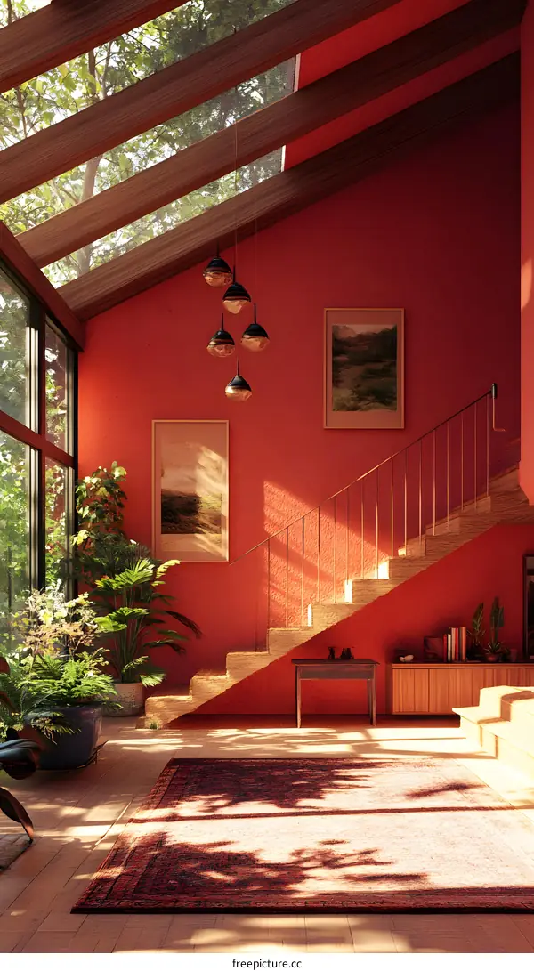 Red Wall Interior Design With Wooden Stairs And Glass Roof