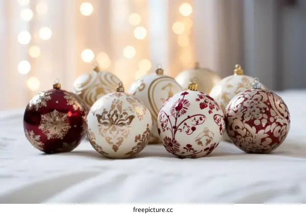 Ornate Christmas balls with golden patterns