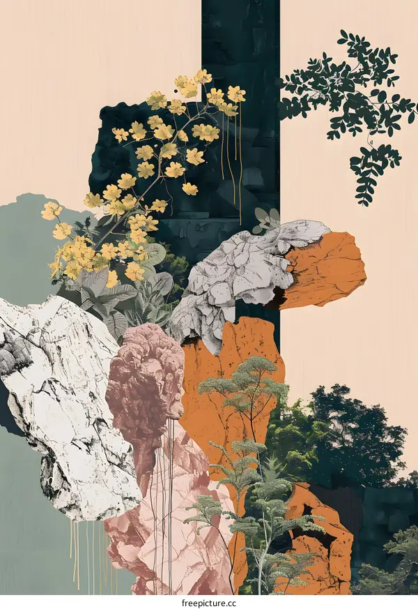 Abstract Collage of Nature and Stone with Yellow Flowers