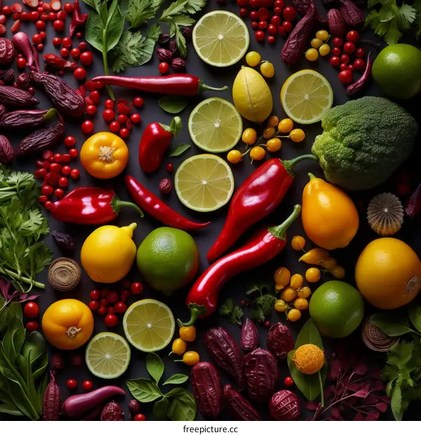A variety of fruits and vegetables are arranged in a colorful and visually appealing pattern