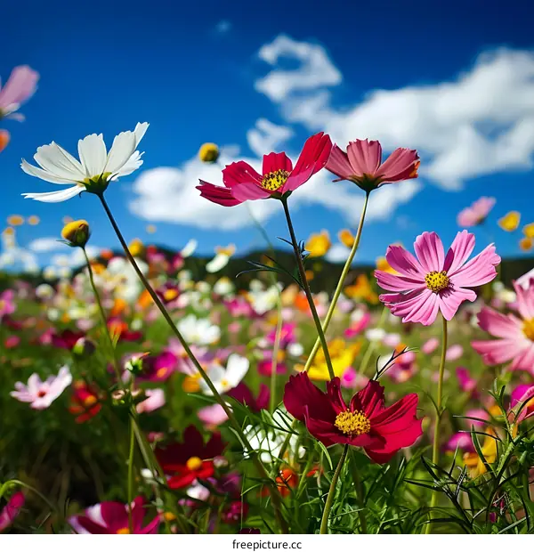 Colorful Cosmos Flowers Field Under Blue Sky