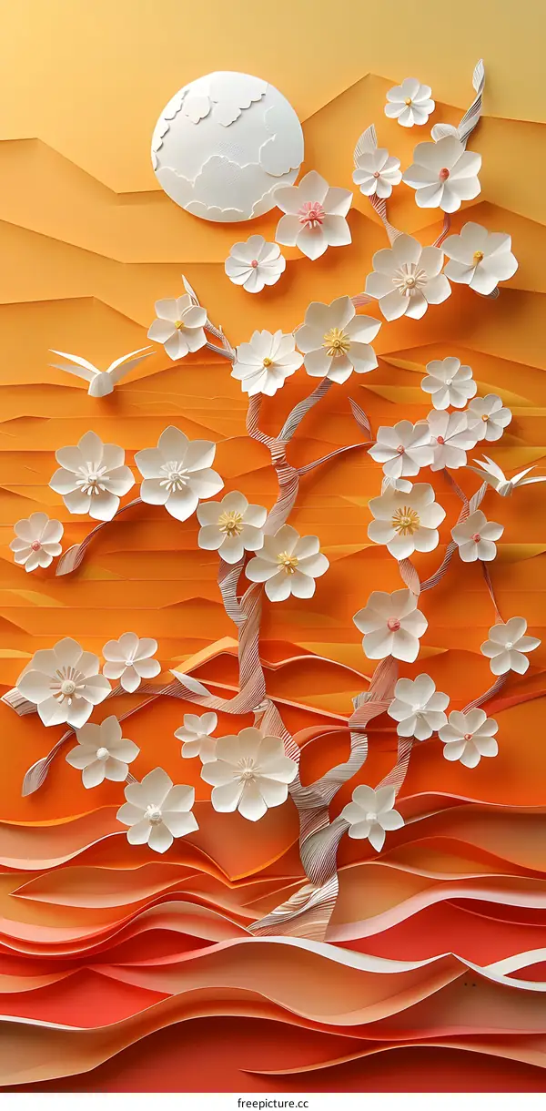 Paper Art  of a White Tree with Flowers in an Orange and Red Landscape
