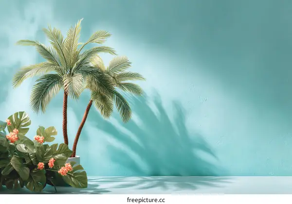 Tropical Plants Against Pastel Mint Green Wall