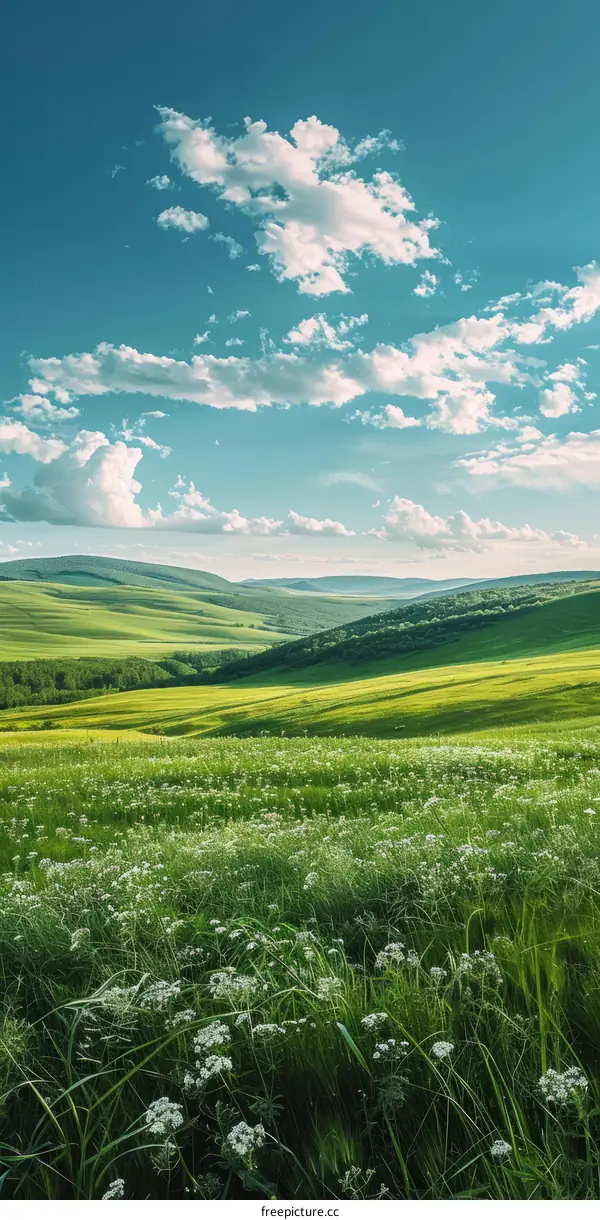 Green rolling hills under blue sky with white clouds and flowers