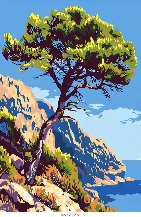 Green Pine Tree Growing on a Cliff by the Sea