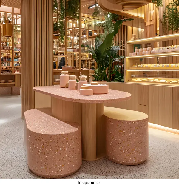 Pink Terrazzo Table and Stools in Minimalist Interior Design