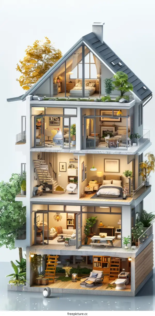 A cutaway illustration of a three-story house