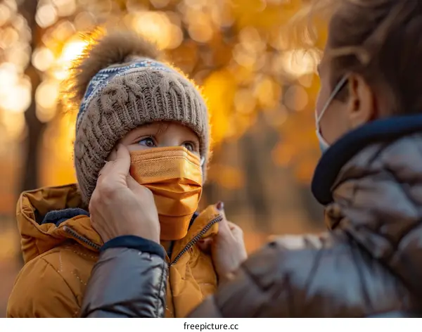 Mother and son wearing protective masks in autumn park