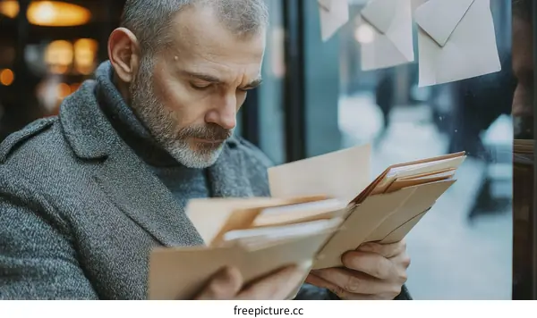 Focused Man Reading Mail at Cafe