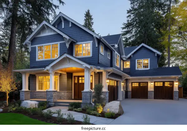 Elegant Blue House Exterior at Dusk