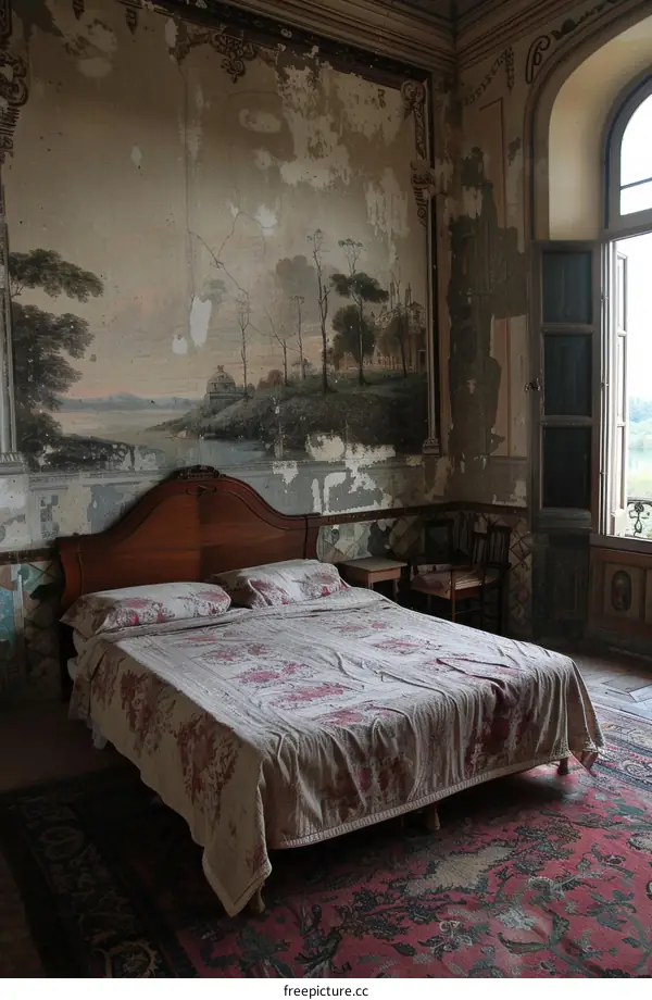 Vintage Bedroom with Damaged Wallpaper