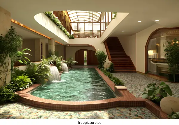 Indoor Pool with Fountain and Plants in a Luxurious Modern Home