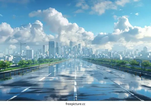 Cityscape Highway Rainy Day Illustration