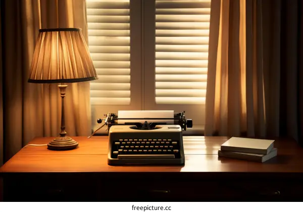 Antique Typewriter on a Wooden Table Near a Window with Books and a Lamp
