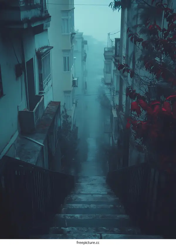 Foggy Stairway in a Narrow Alley