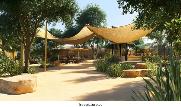 Outdoor Patio with Sandy Floor and Canopy