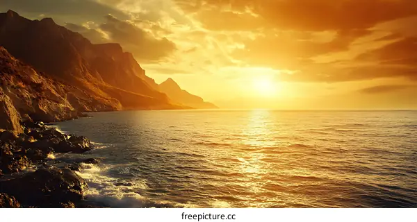 Golden Sunset Over the Sea and Mountain