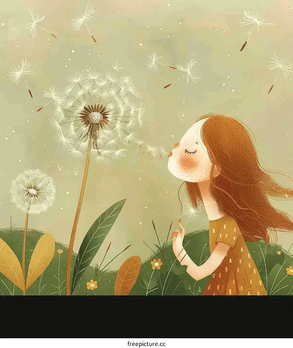 Little girl blowing dandelion seeds in a field
