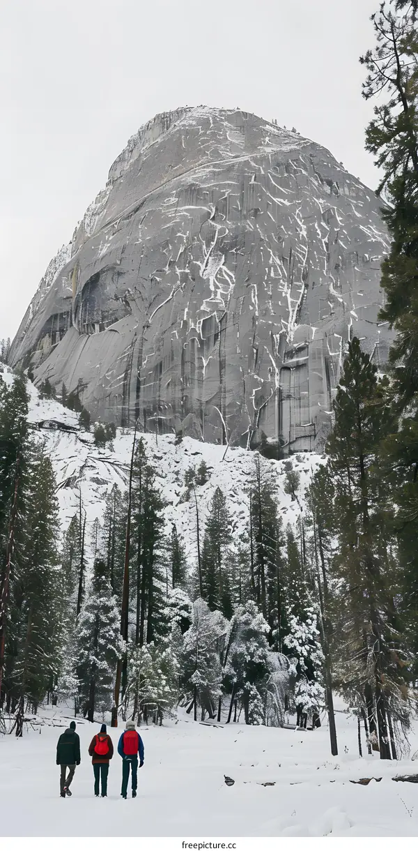 Three Hikers Walking on a Snowy Trail in Yosemite National Park
