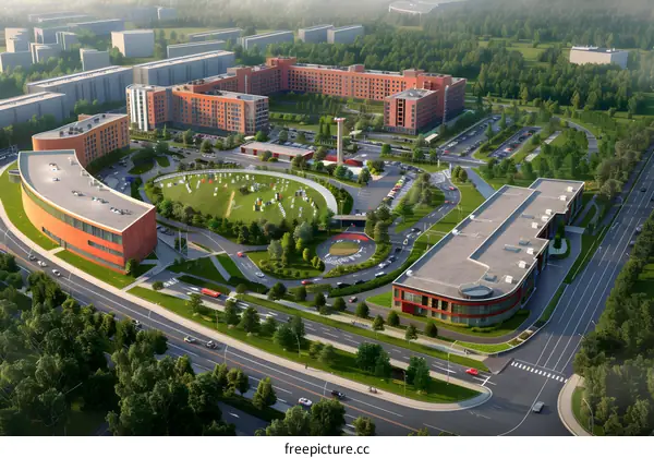 Aerial view of a modern university campus with academic buildings, green courtyards and a central square